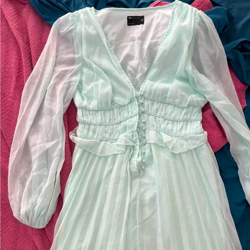 ASOS DESIGN button up ruched waisted pleated midi dress in pale green